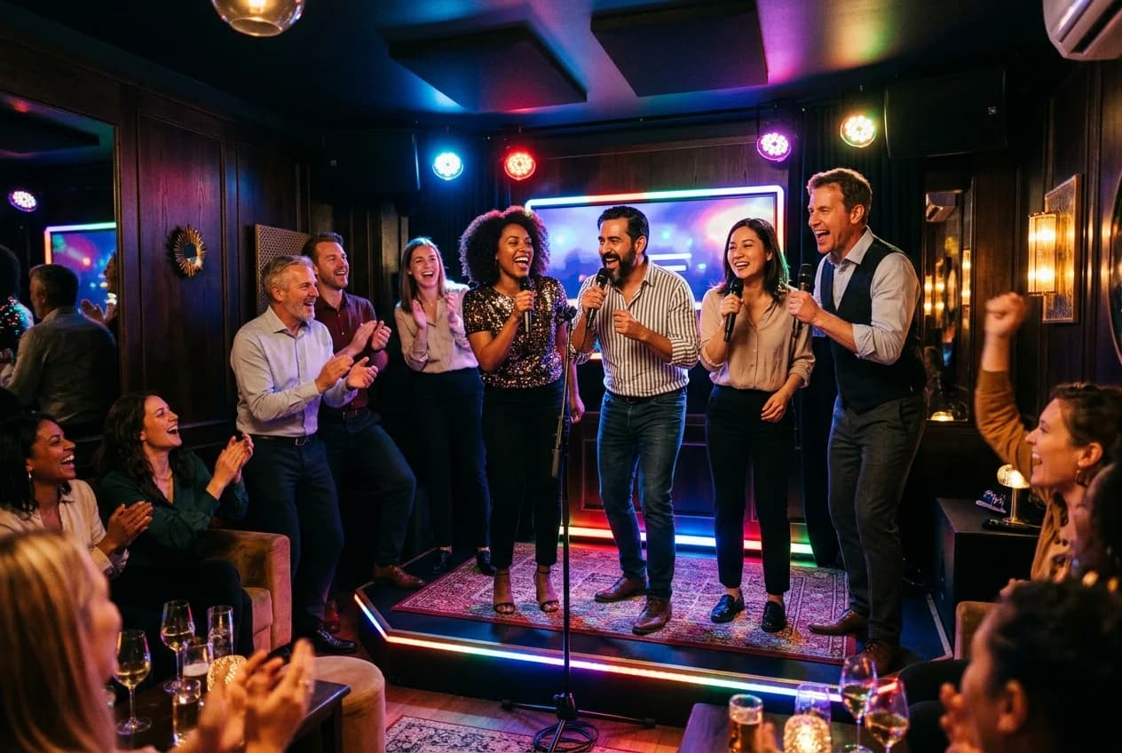 Corporate team singing in a private karaoke room in Munich