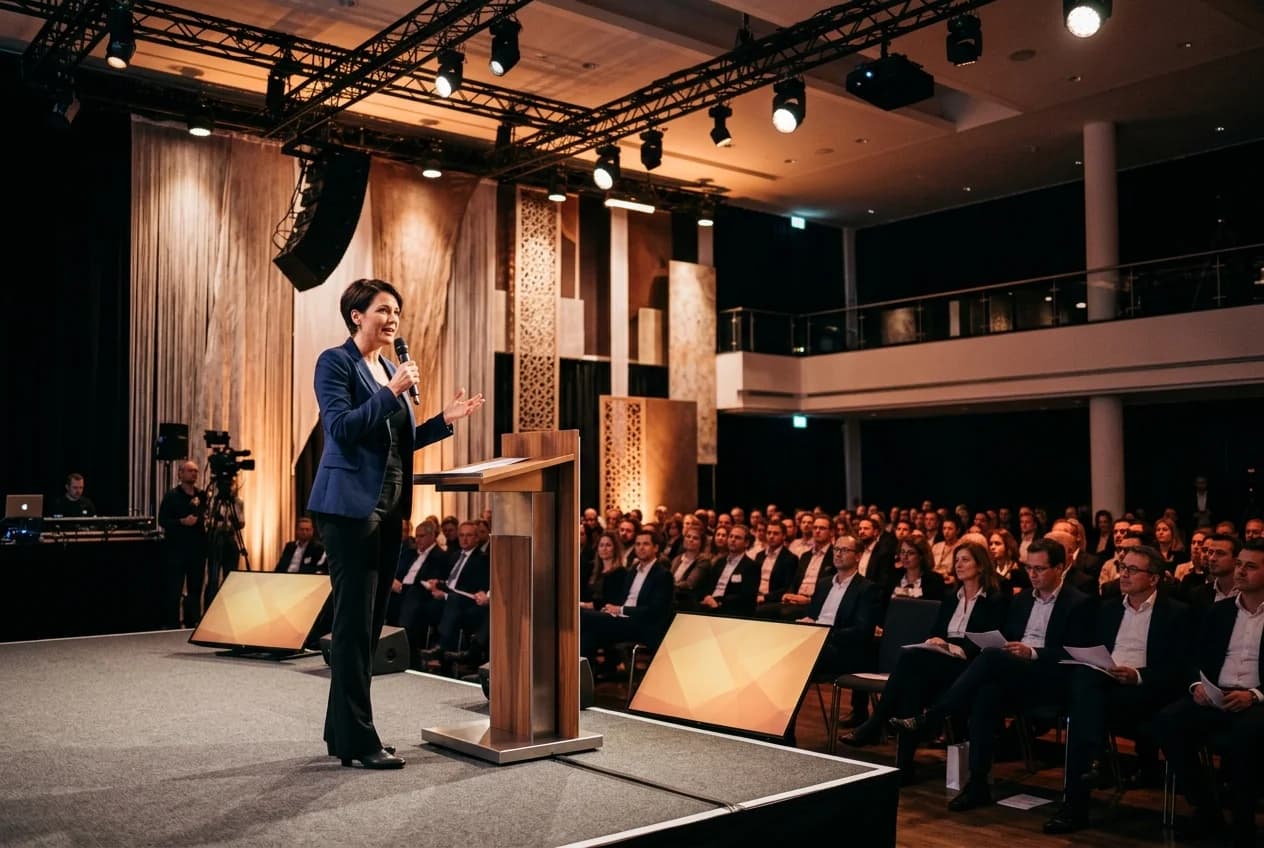 Professional moderator hosting a corporate event on stage in Munich
