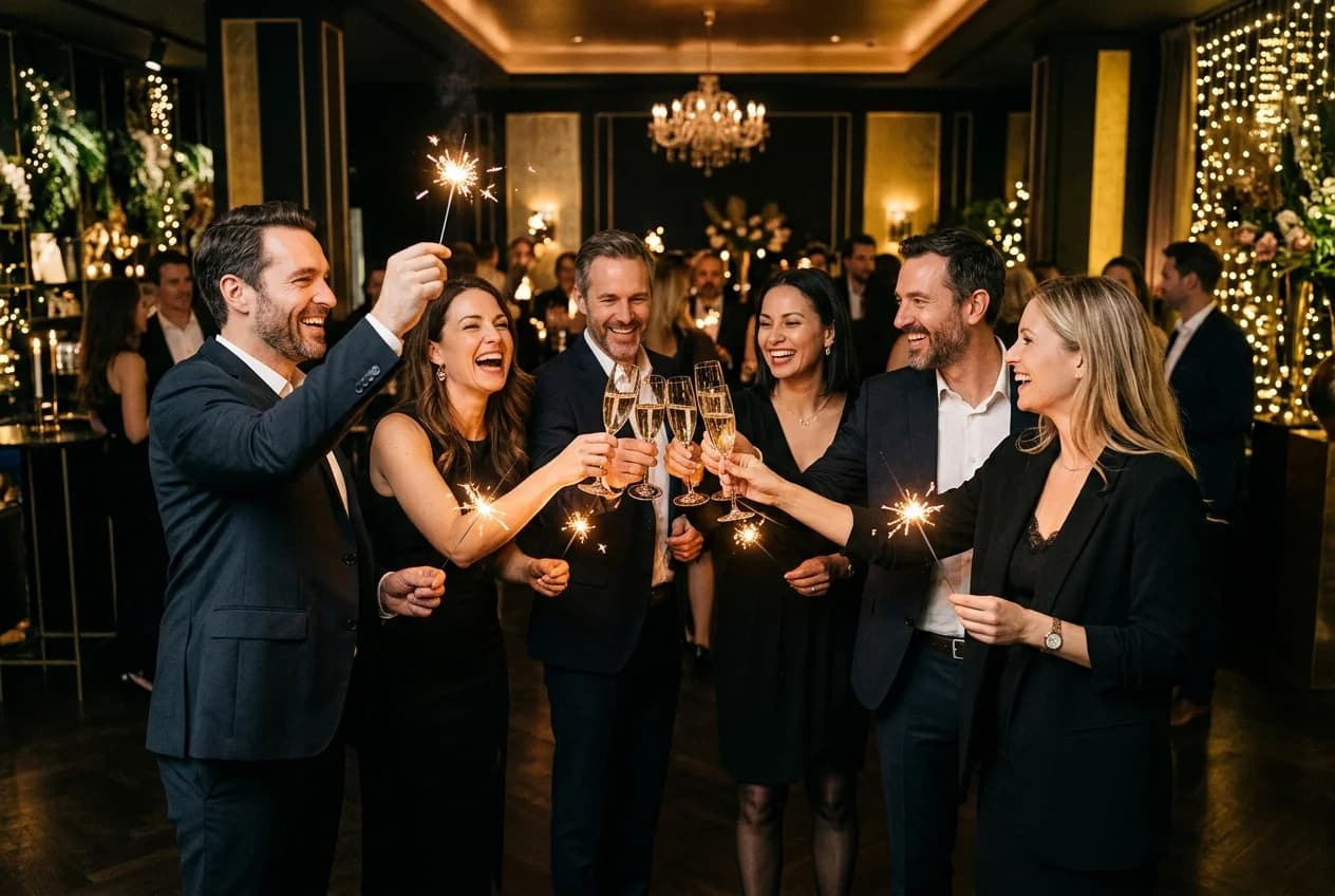 Corporate New Year celebration on a Vienna rooftop with fireworks and Olympic Tower