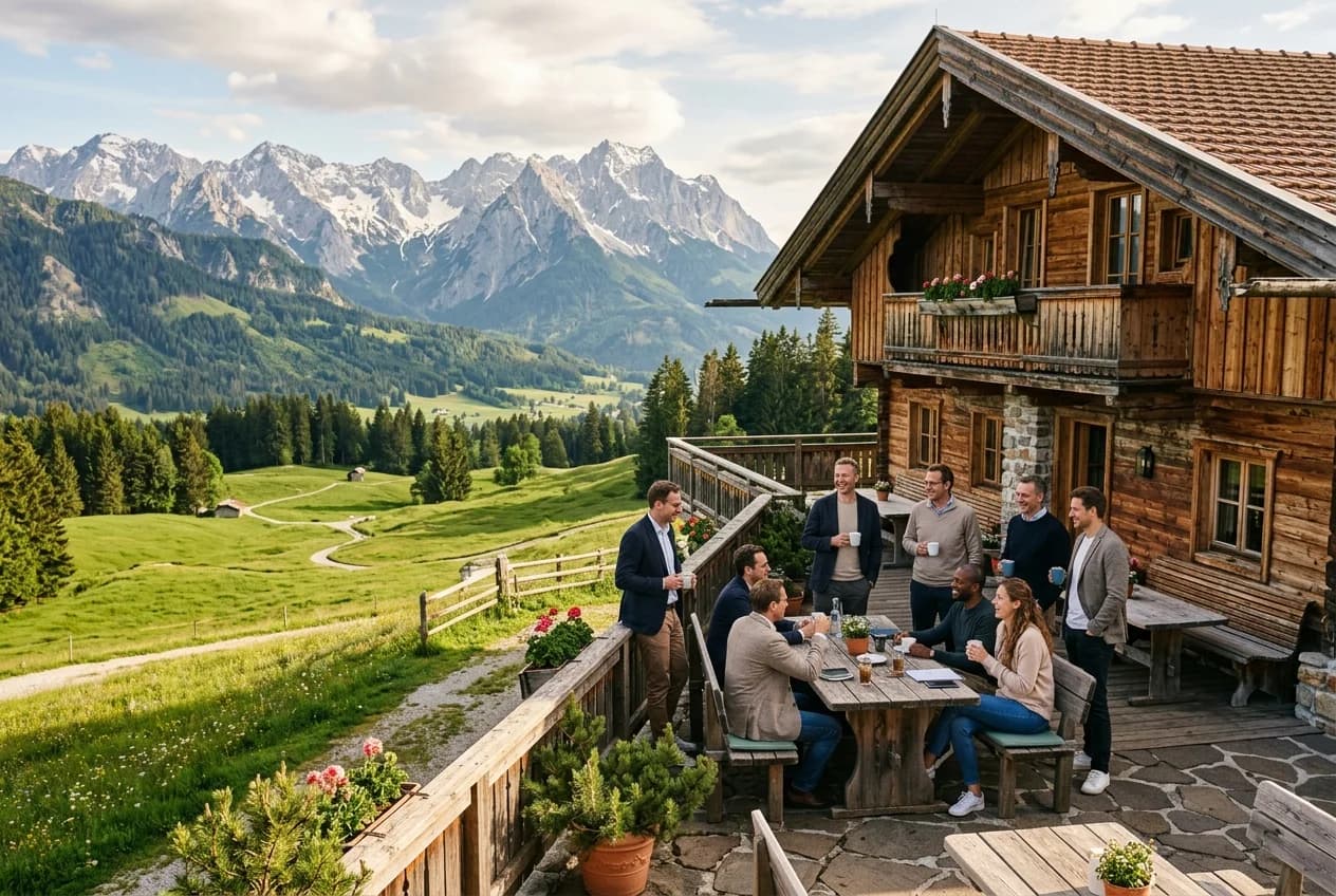 Corporate offsite retreat at an Alpine lodge near Cologne with mountain panorama