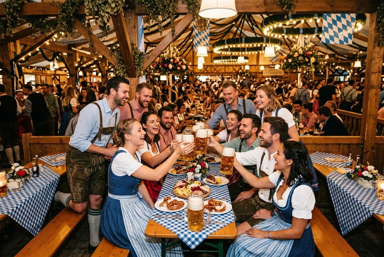 Corporate team at an Oktoberfest company event in Munich with Mass beer and Trachten