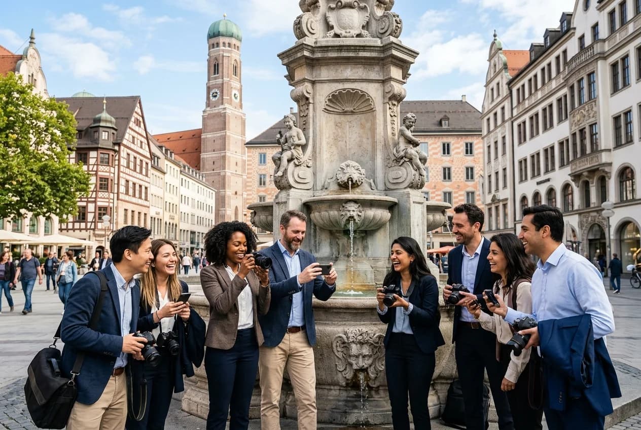 Corporate team on a photo rally at Marienplatz in Munich with Glockenspiel backdrop