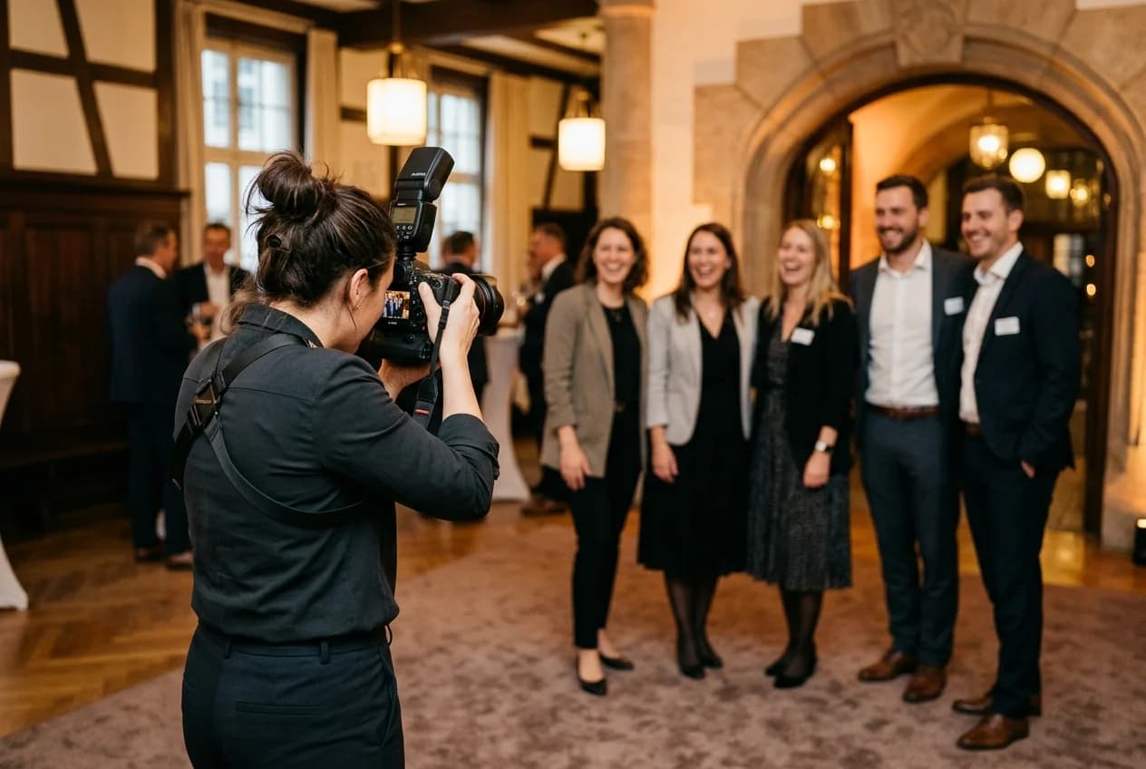 Professional event photographer capturing a corporate team event at Marienplatz in Vienna