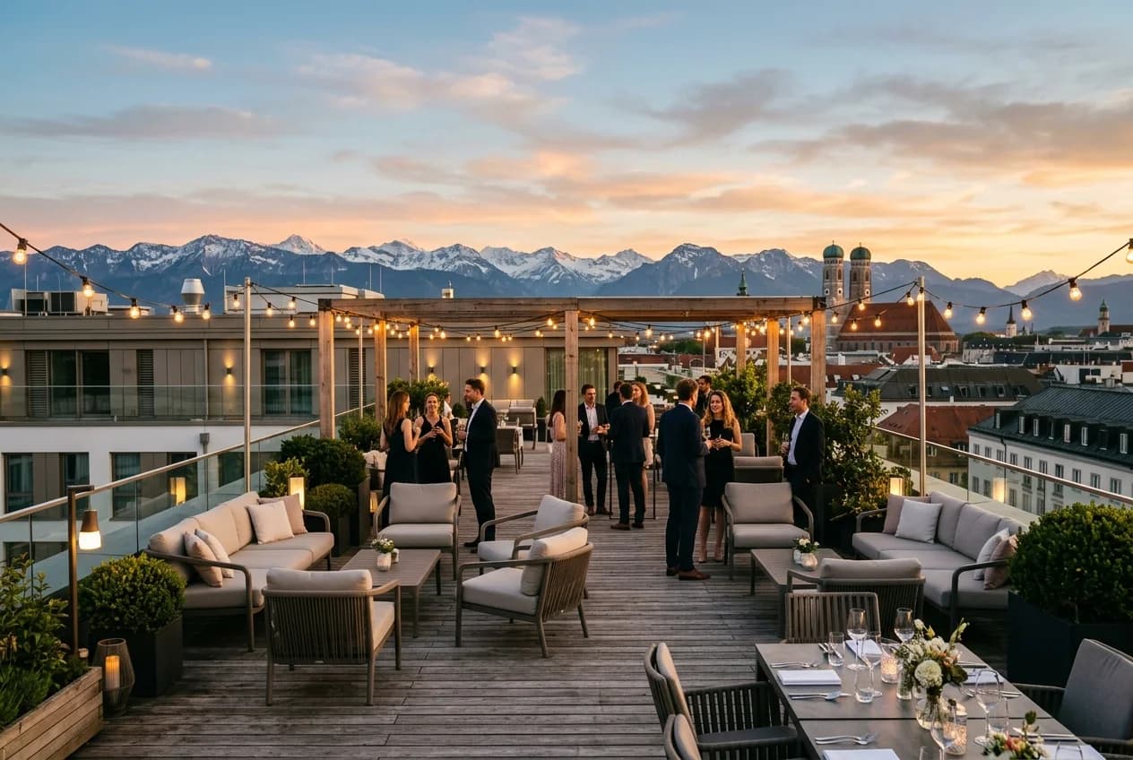 Corporate cocktail reception on a Munich rooftop terrace with Alpine panorama views