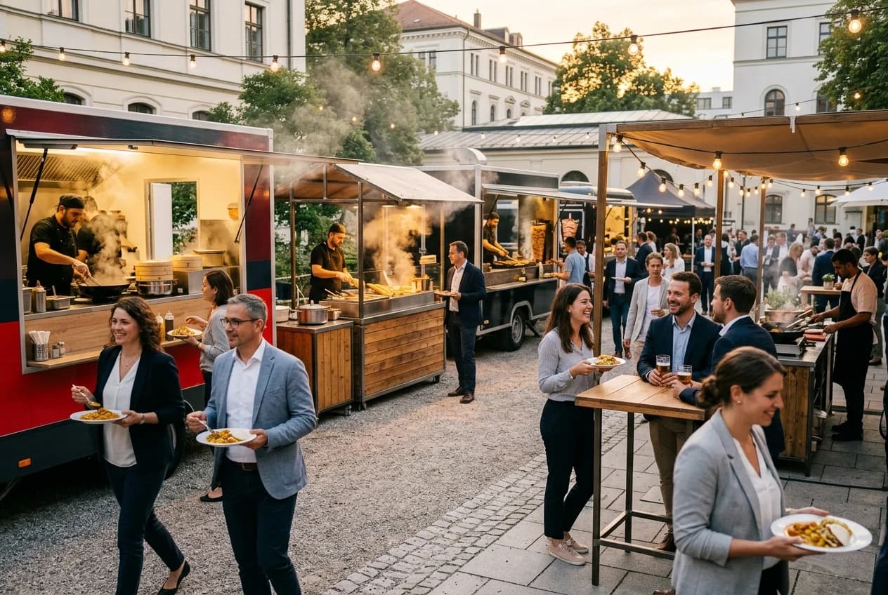 Street food station catering at a corporate outdoor event in Munich with food trucks