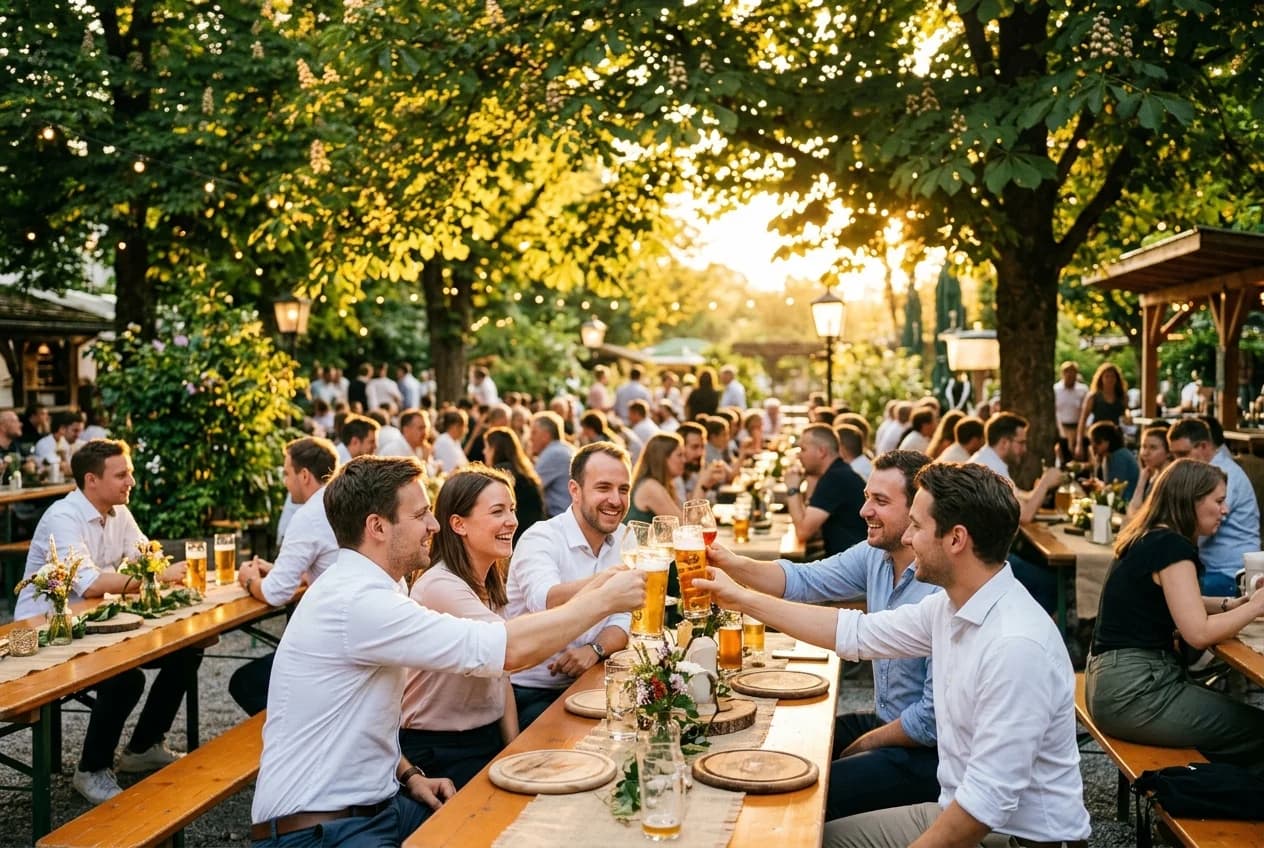 Corporate summer party in a Munich beer garden with team celebrating under chestnut trees