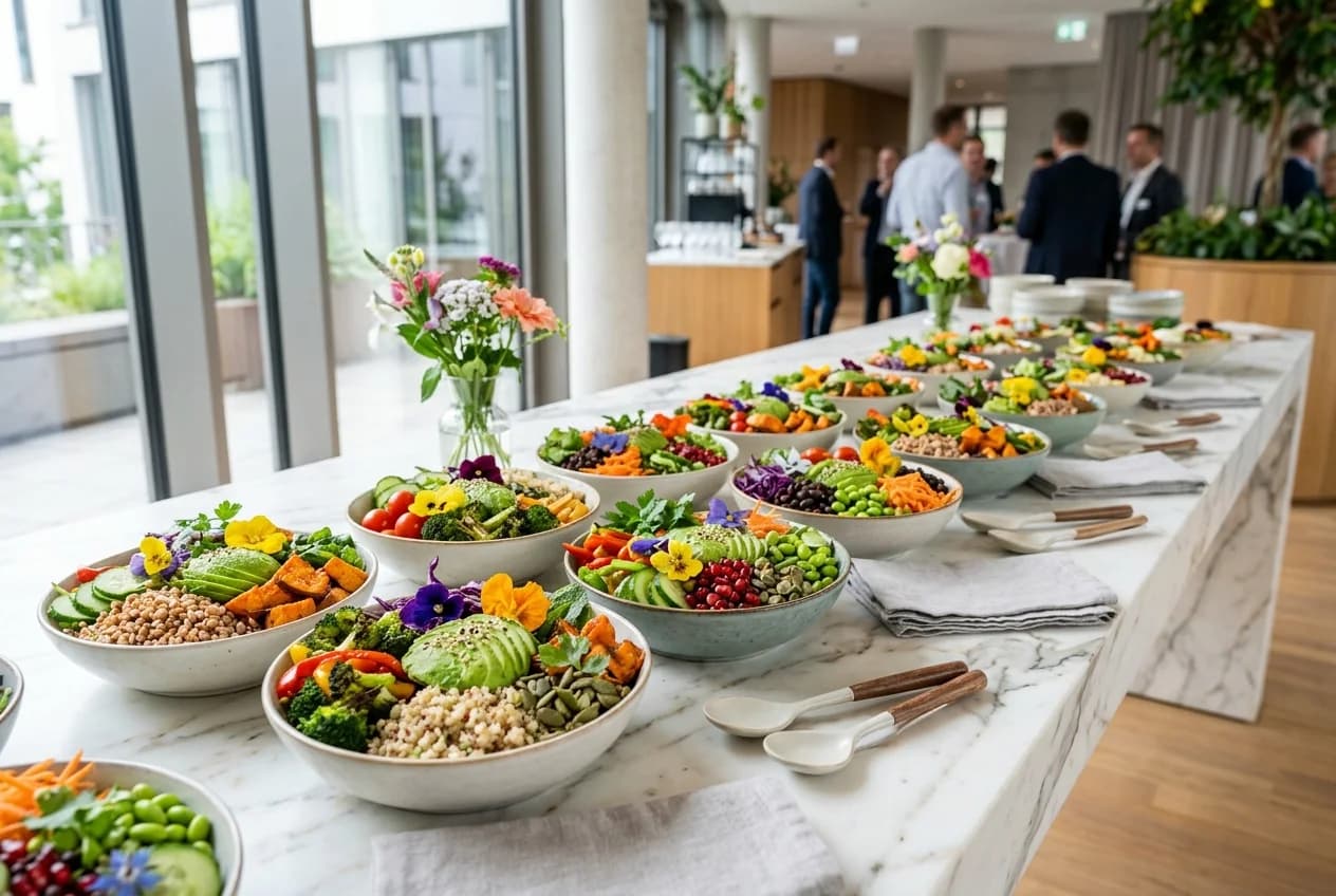 Vegan catering spread at a corporate event in Munich with colorful plant-based dishes