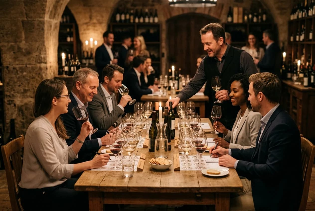 Corporate group at a sommelier-guided wine tasting in Cologne Haidhausen
