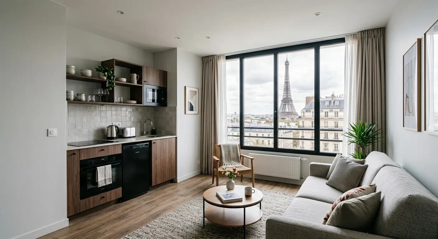 Modern aparthotel apartment in Paris with kitchenette and living area for corporate team stays