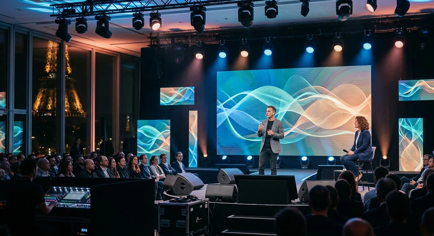 Professional AV setup with screens and lighting at a corporate conference in Paris