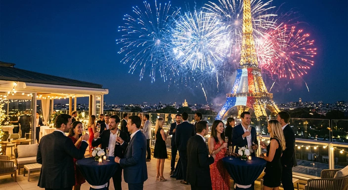 Bastille Day fireworks at the Eiffel Tower for a corporate event in Paris