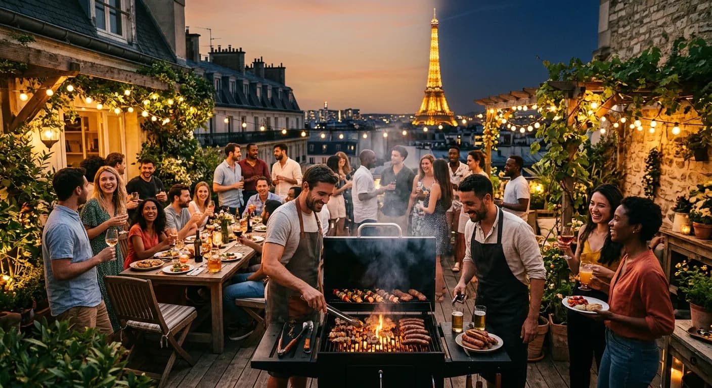 BBQ grill catering with French meats and rose wine at a summer corporate event in Paris
