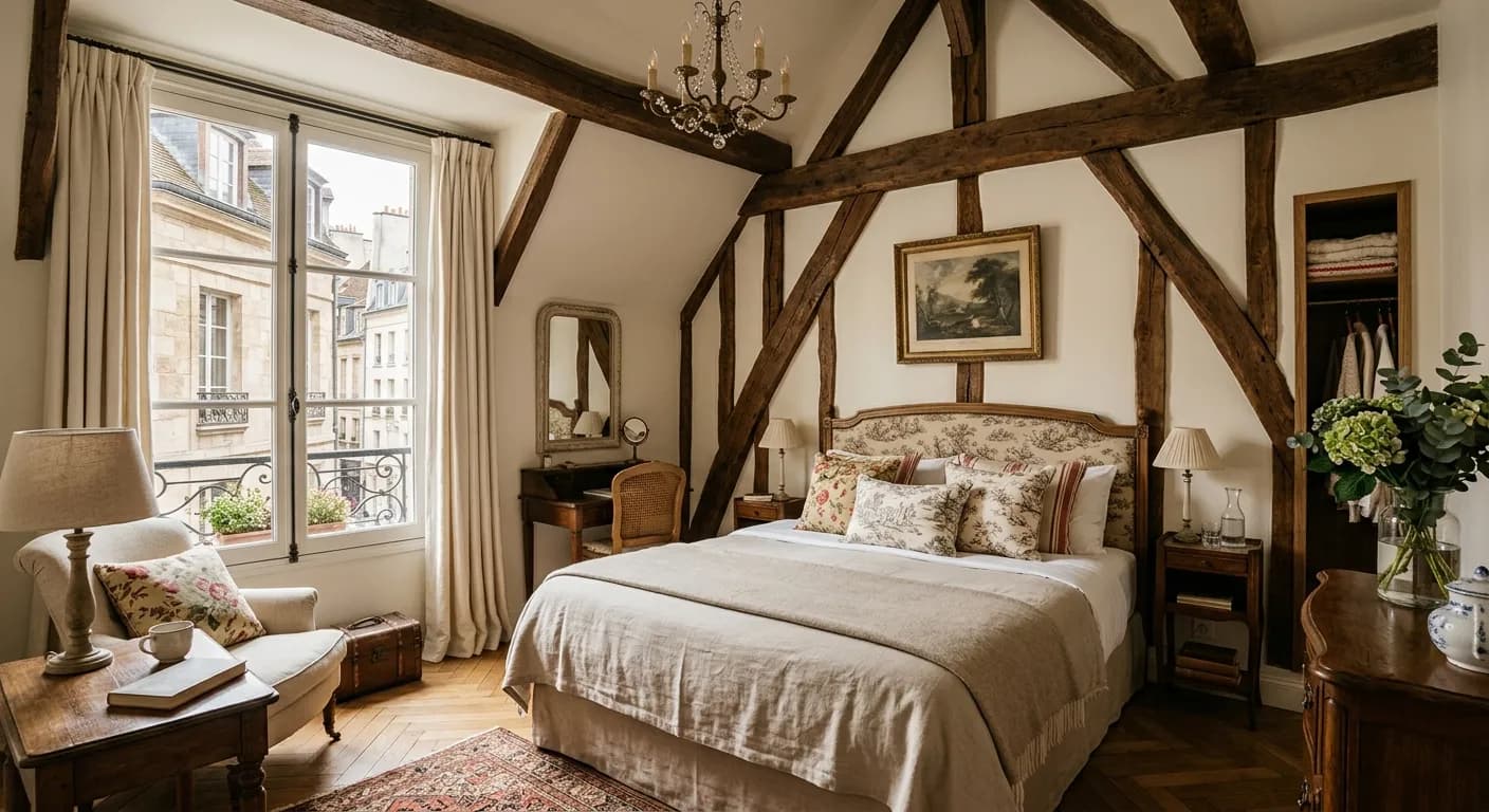 Boutique hotel room in Le Marais Paris with Parisian design details