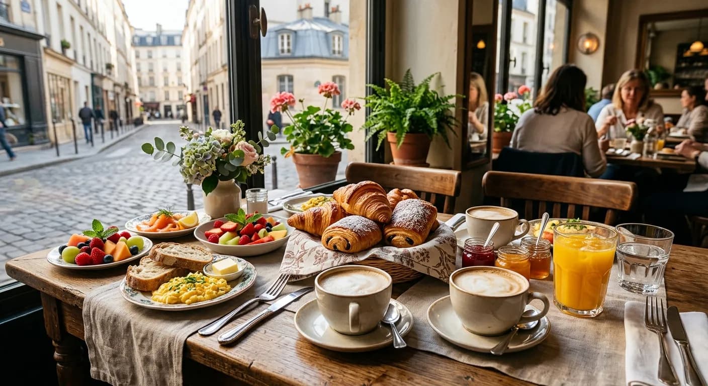 Parisian brunch spread with croissants, macarons, and cafe au lait at a corporate event