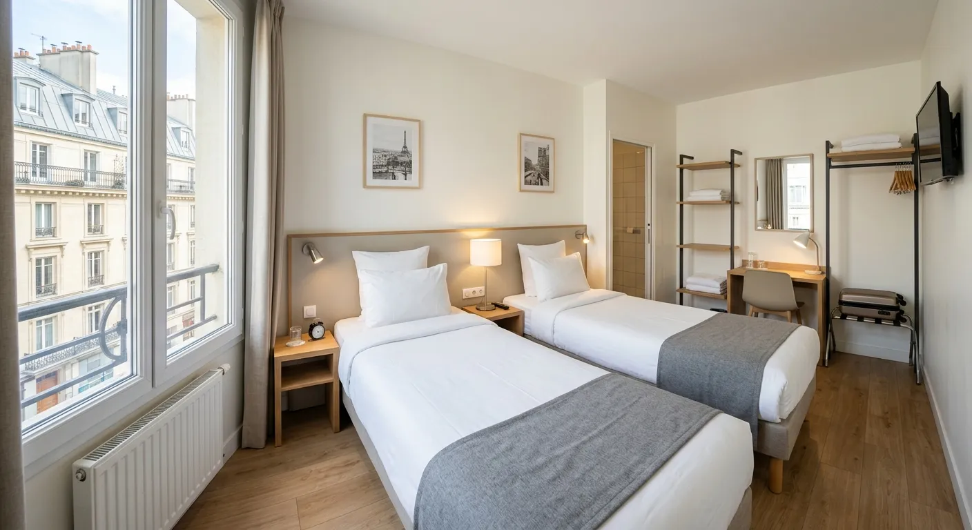 Clean modern budget hotel room in Paris for corporate team group bookings