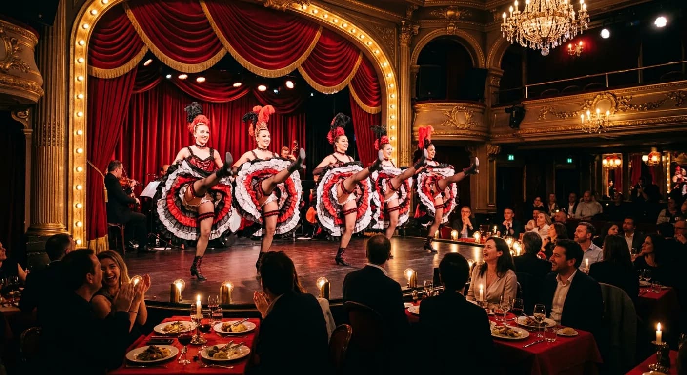 Corporate group at a cabaret dinner show near Moulin Rouge in Paris