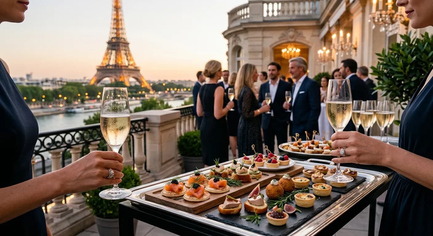 Champagne and fingerfood reception with canapes at a corporate event in Paris
