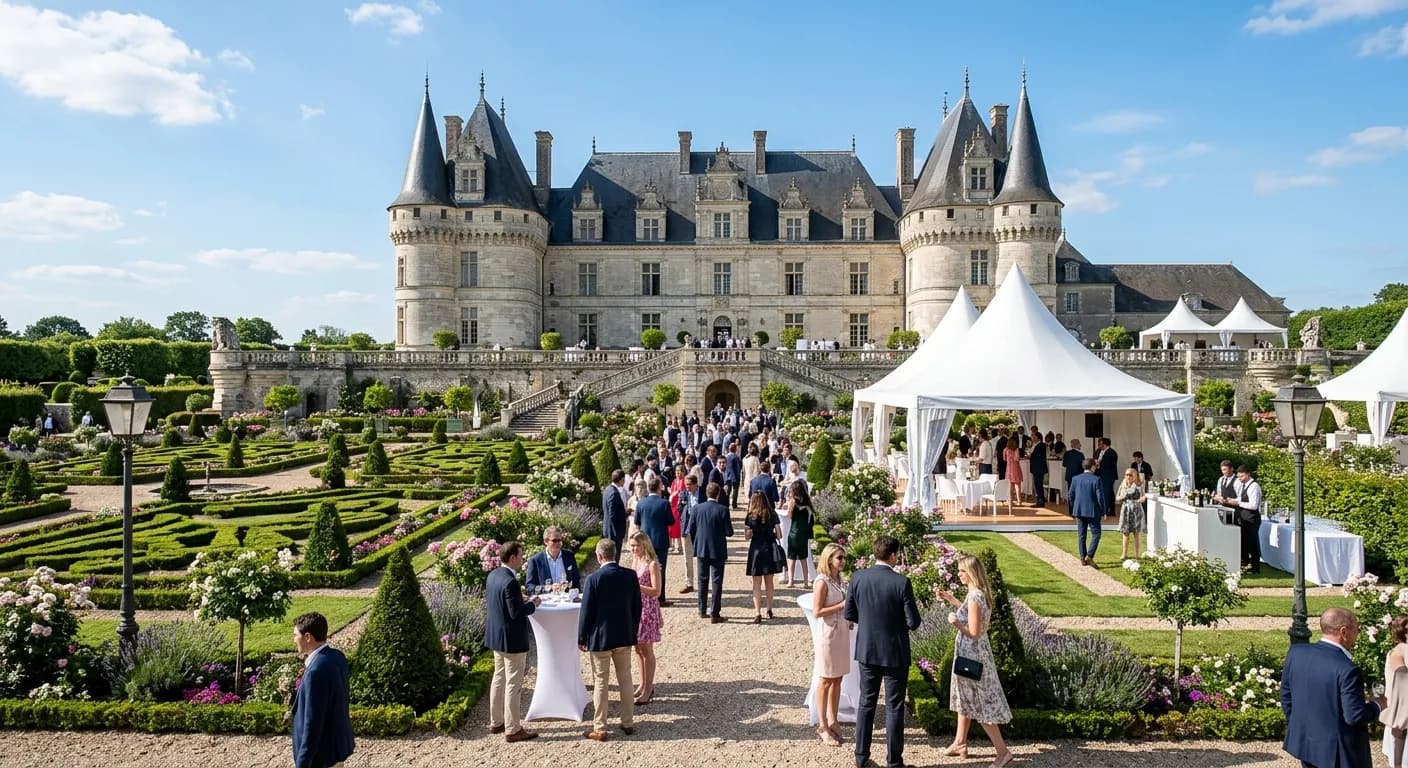 Grand chateau venue near Paris with formal gardens for corporate gala dinner