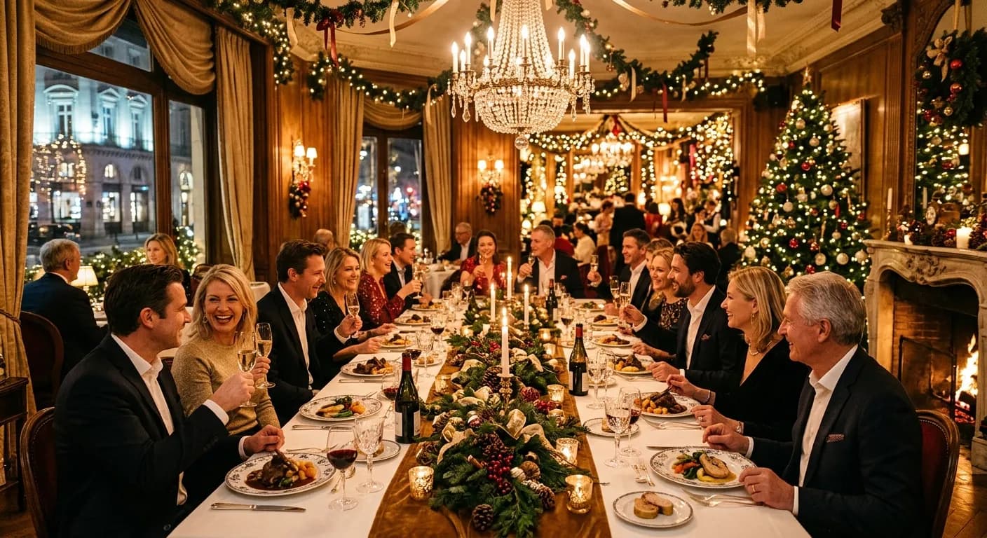 Festive corporate Christmas party at a Paris Haussmann venue with candlelit dinner