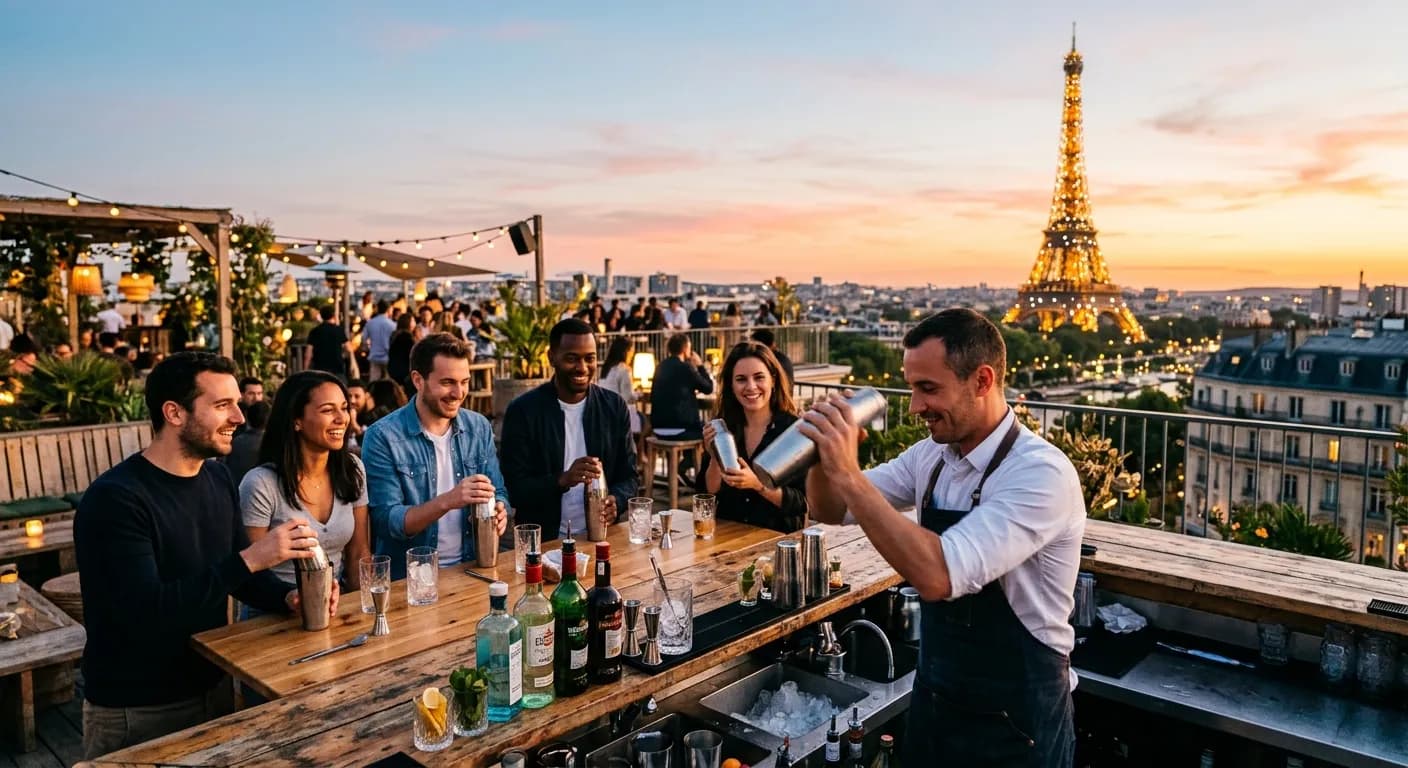 Corporate team mixing Cognac cocktails at a Parisian cocktail workshop