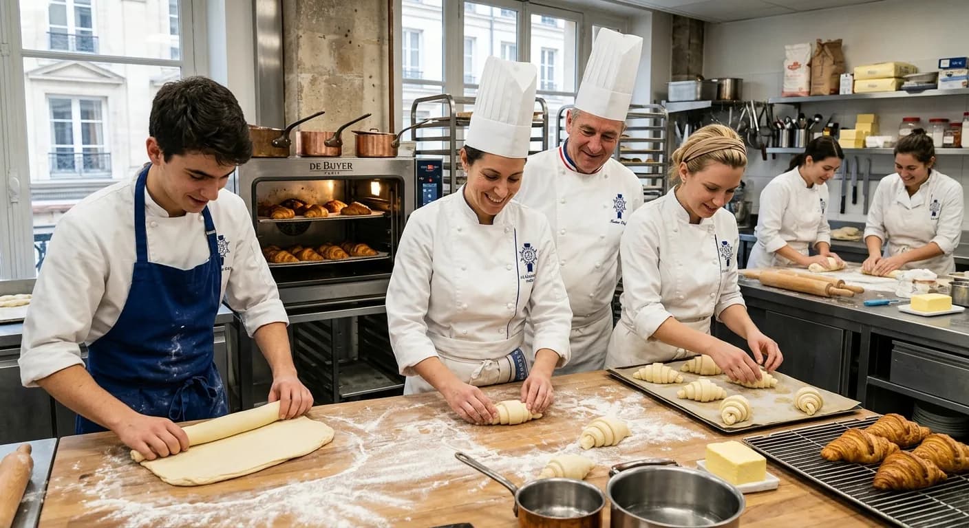 Corporate team in a French cooking class making croissants and macarons in Paris