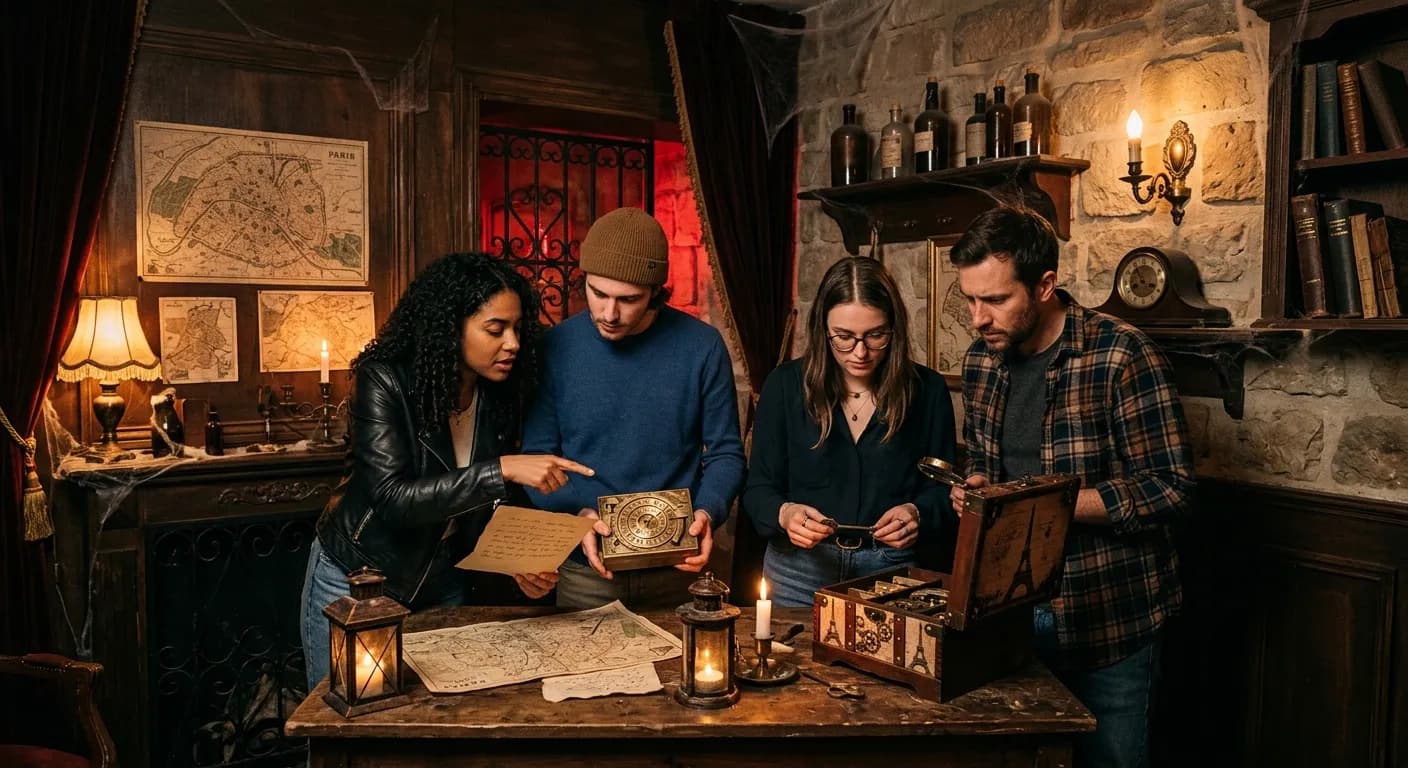 Corporate team solving puzzles in a French Revolution-themed escape room in Paris
