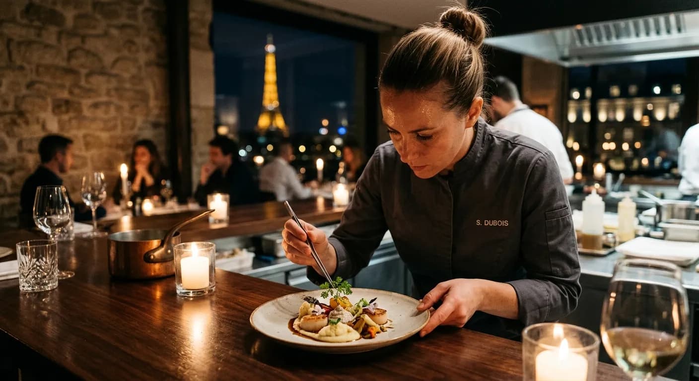 Private chef preparing a multi-course French dinner for a corporate event in Paris
