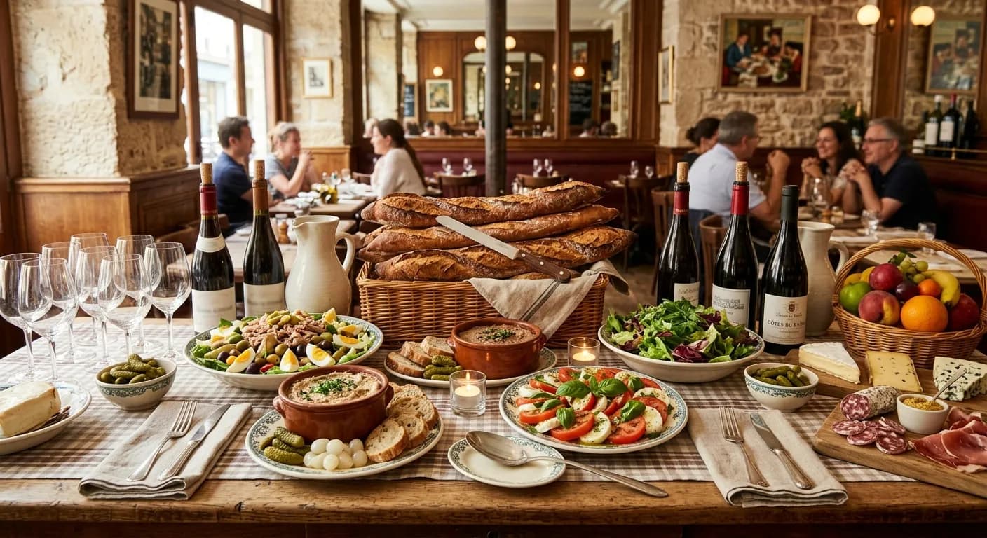 French bistro catering spread with coq au vin and baguette at a Paris corporate event