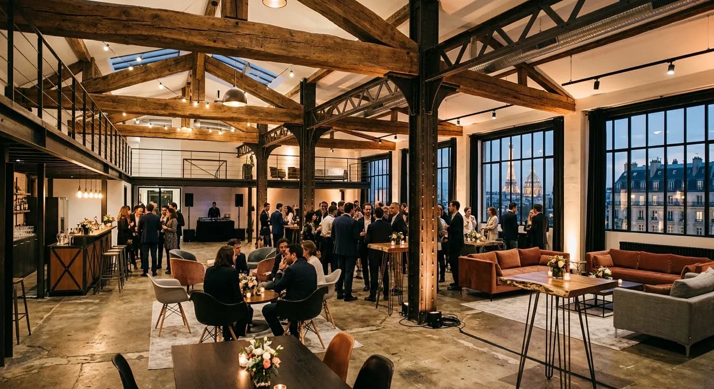 Industrial loft event venue in Paris with raw brick and steel beams for a corporate event