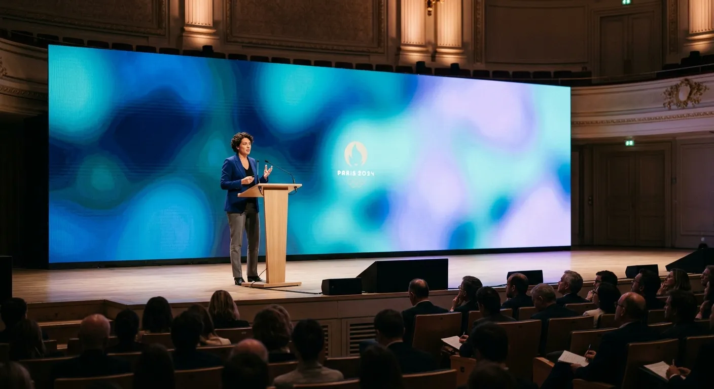 Professional moderator on stage at a corporate conference event in Paris