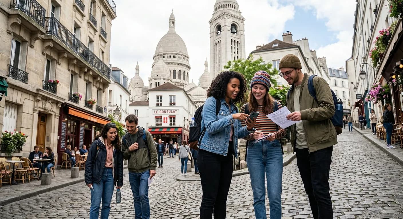 Corporate team completing a photo challenge at Sacre-Coeur during a Montmartre city rally