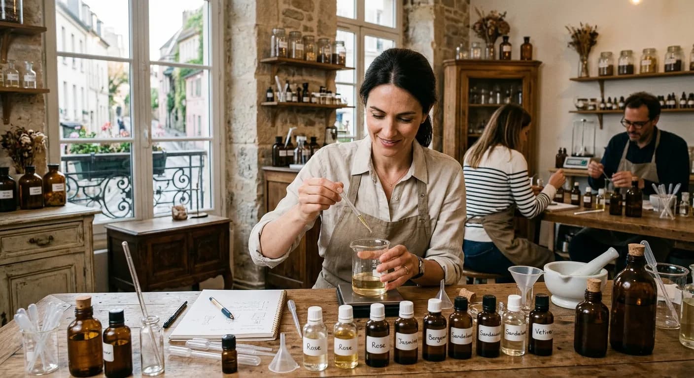 Corporate team creating custom perfumes at a Parisian atelier workshop