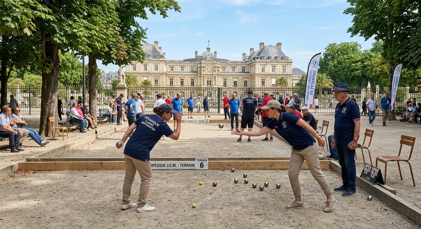 Corporate team playing petanque in a Parisian park with aperitif and cheese boards