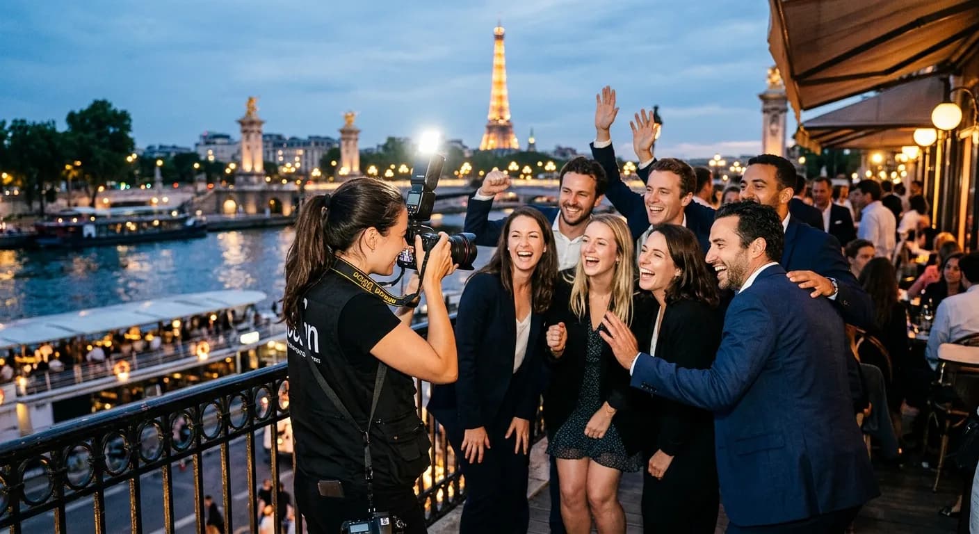 Professional photographer capturing a corporate team event in Paris