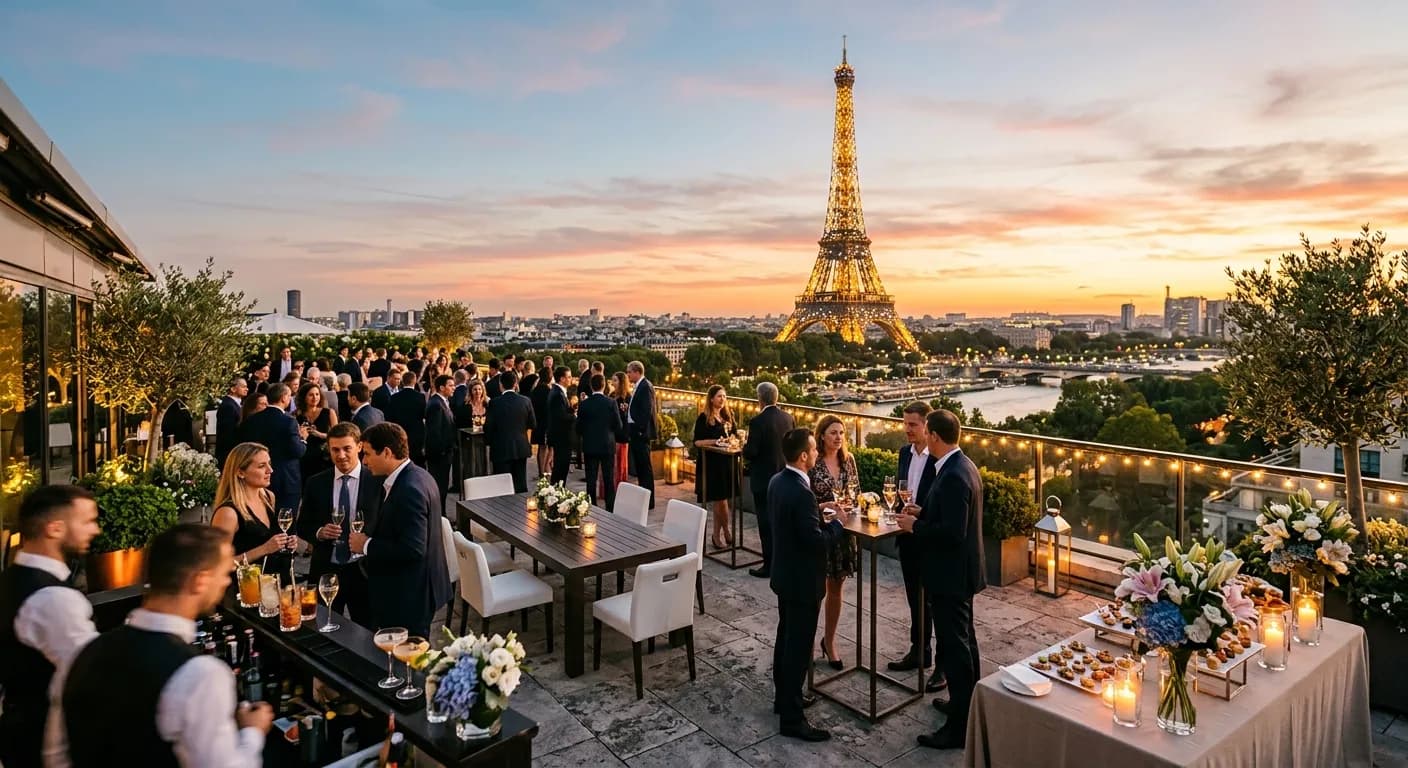 Corporate event on a Paris rooftop terrace with Eiffel Tower panoramic view at sunset