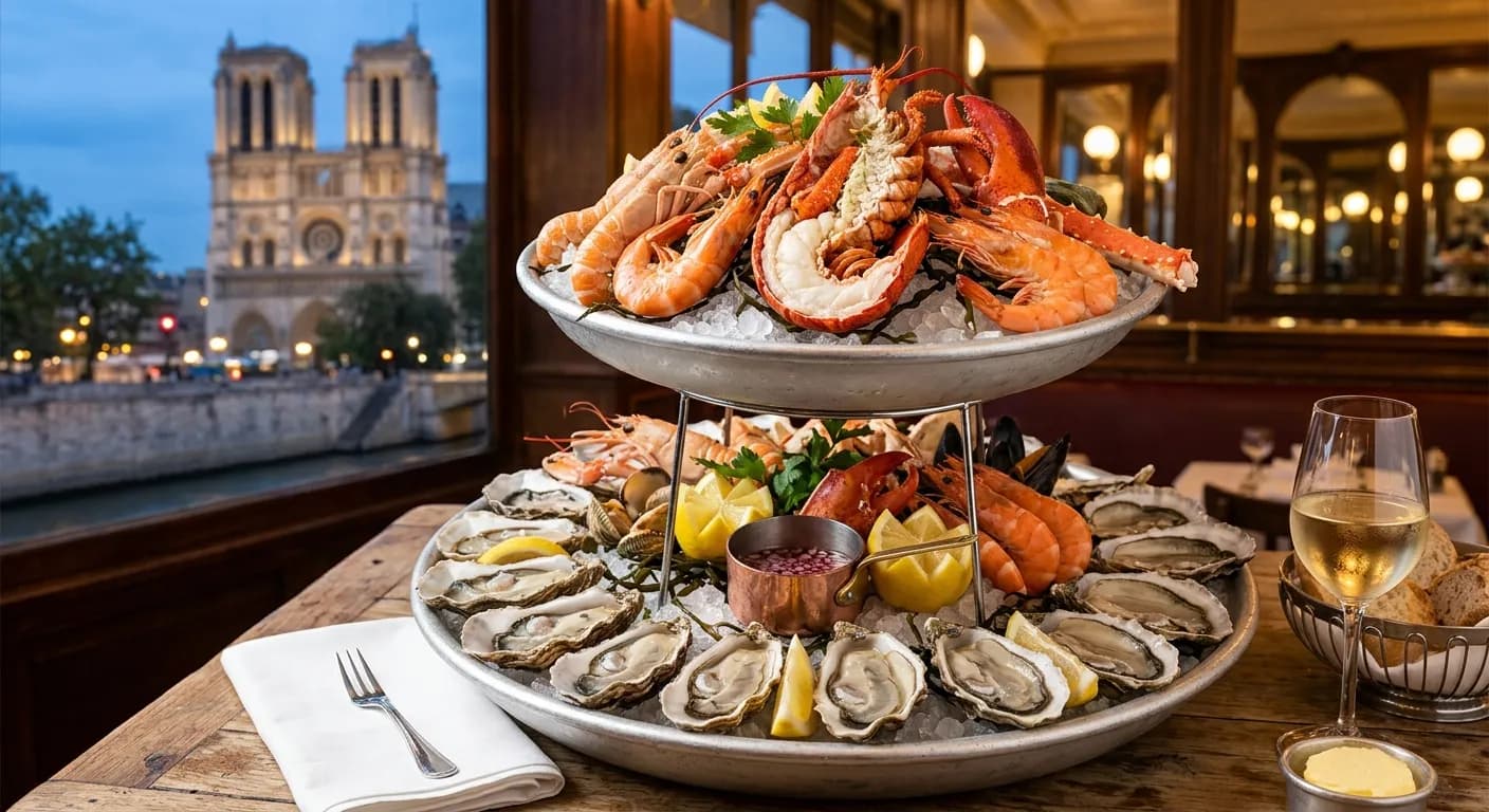 Fruits de mer seafood plateau with oysters and lobster at a corporate event in Paris
