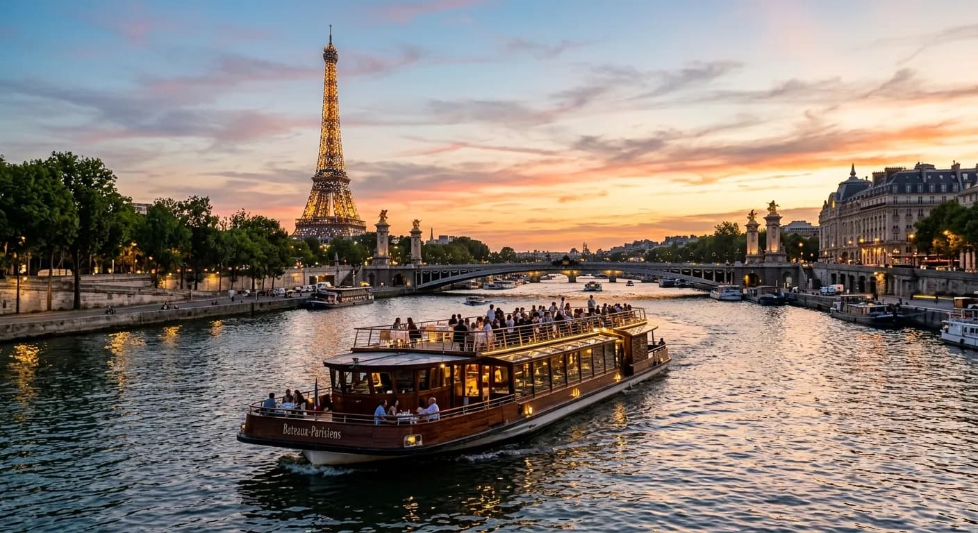 Corporate team on a private Seine river cruise with the Eiffel Tower in the background