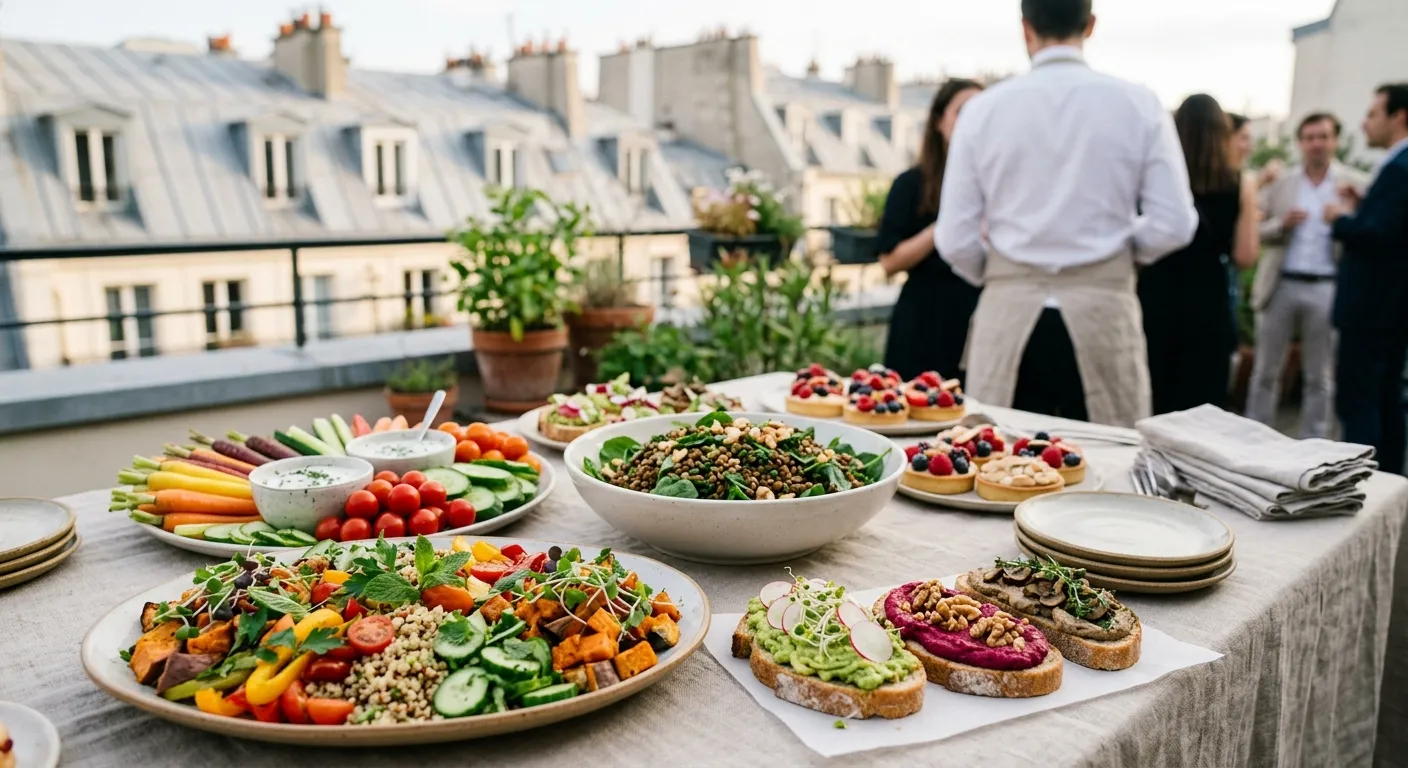 Creative vegan plant-based catering spread at a corporate event in Paris